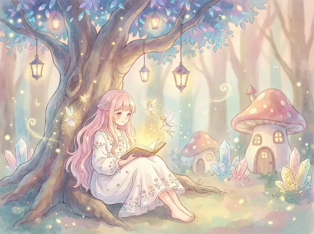 情奴冬日暖阳 - 魔法森林中阅读故事书的粉发少女与精灵